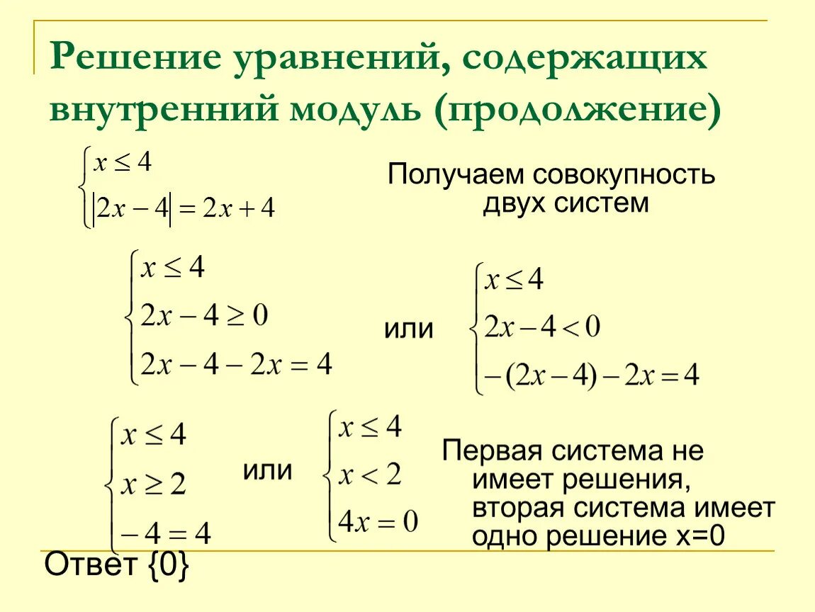 Решение уравнений с суммой модулей. Решение уравнений модуль внутри модуля. Алгоритм решения уравнений с модулем 8 класс. Как решать уравнения с модулем совокупность. Виды решений систем уравнений