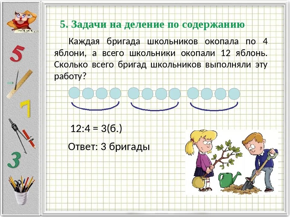 Урок 13 решение. Задачи по математике 2 класс на деление по содержанию. Задачи на деление на равные части. Решение задач на деление по содержанию 2 класс. Задачи на деление 2 класс.