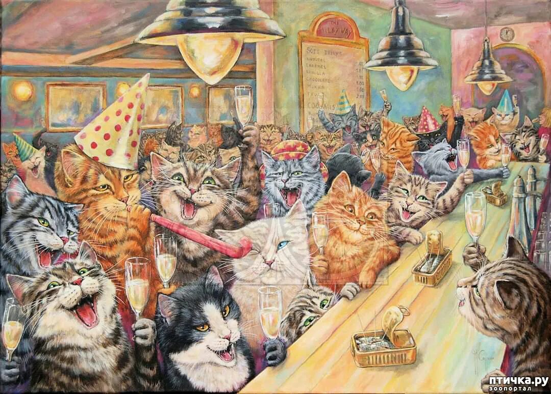 кошки празднуют. праздничный котик. кошачий день рождения. праздничные коты. кошачье семейство живопись.