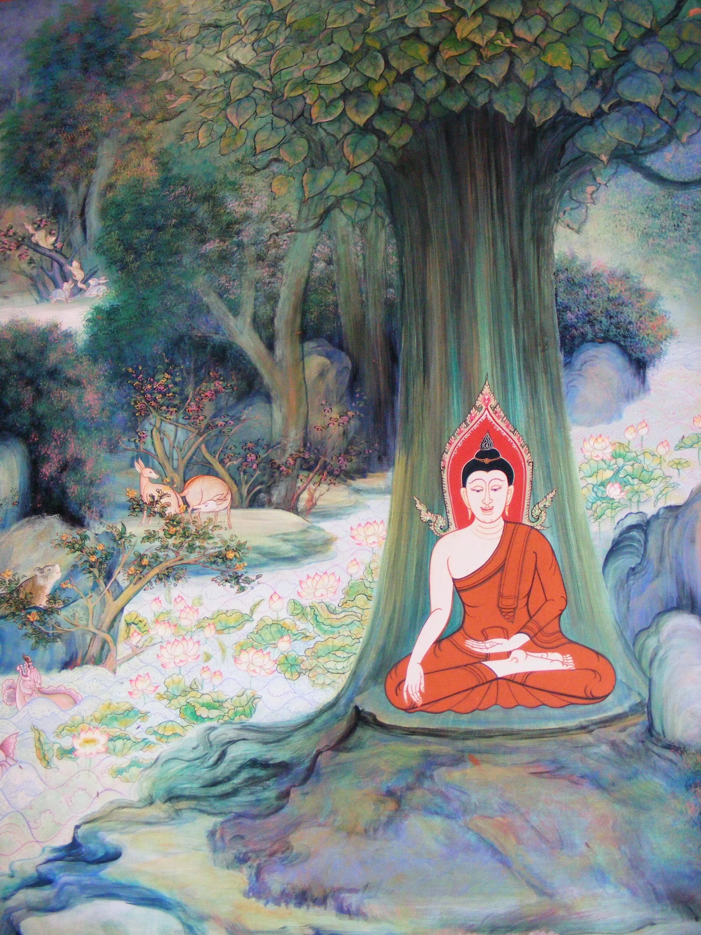 Рождение буды. Будда сказочный. Сказки буддистов. Будда сидит возле дерева у реки.