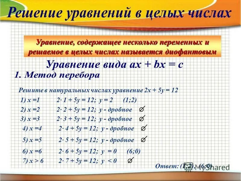 Реши уравнение 2 целых. Решение уравнений в целых числах. Решить уравнение в целых числах. Методы решения уравнений в целых числах. Решение уравнений в натуральных числах.