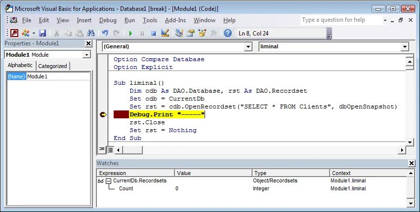 Access basic. Комментарии миф фссуыы. Debug.Print vba. Точка останова SQL. Visual Basic окно watched.