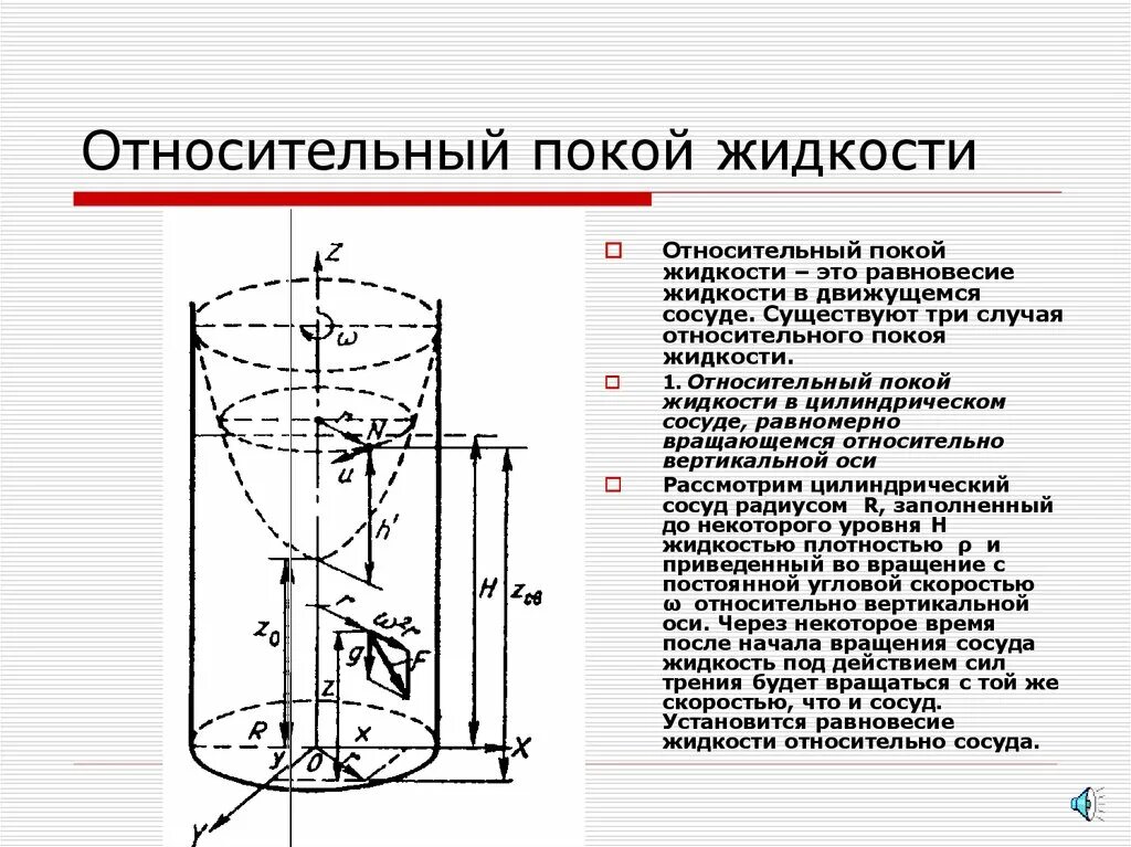 Силы действующие на движущуюся жидкость. Изучение относительного покоя жидкости во вращающемся сосуде. Относительное равновесие жидкости во вращающемся сосуде. Вращающийся сосуд с жидкостью. Относительный покой жидкости.