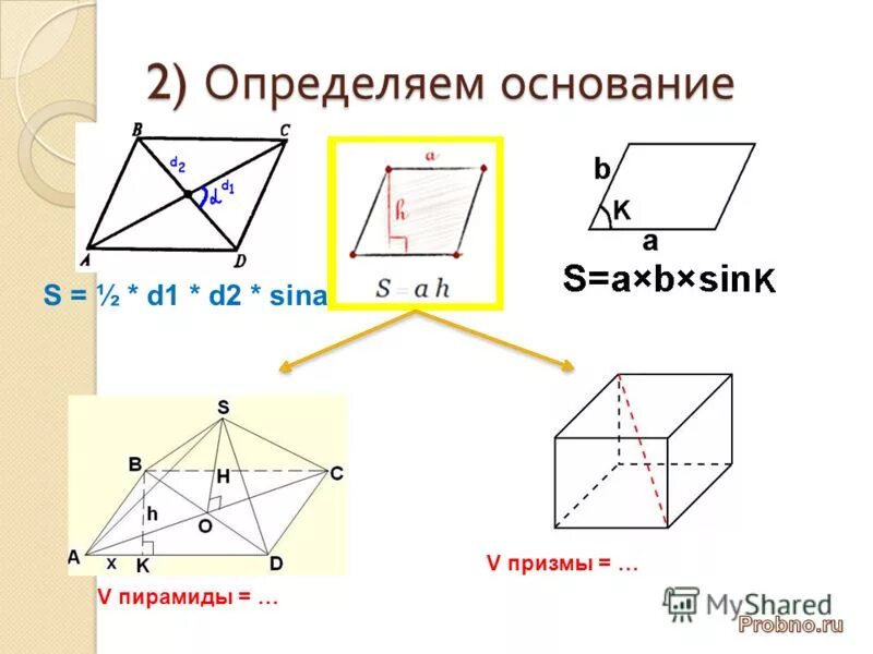 Как отличить основание. Основания призм и пирамид. D"*Sina/2d Призма. S 1 2d1d2sina. 1/2 D1 d2 Sina.