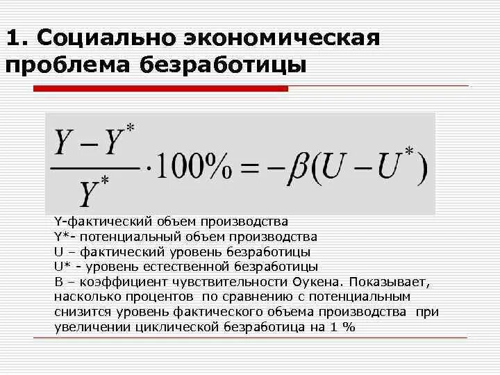 Коэффициент потерь от борьбы с инфляцией. Потенциальный объем производства. Потери от безработицы формула. Фактический уровень безработицы формула.