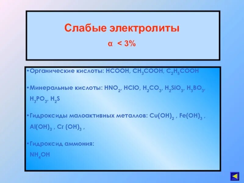 Слабые органические электролиты. Органические кислоты слабые электролиты. Слабые электролиты в органике. Слабые электролиты кислоты. H3po4 сильная кислота