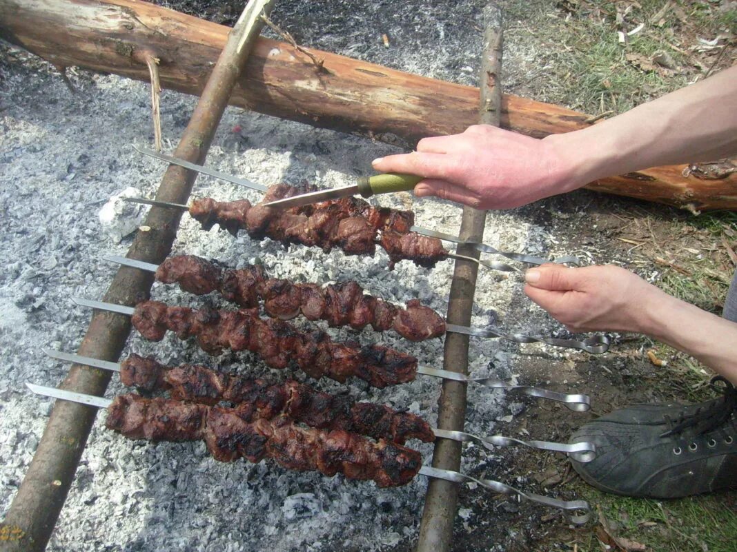 Сколько жарить шашлык на углях. Шашлыки на природе. Шашлык на мангале. Шашлык на костре. Мангал из подручных материалов.