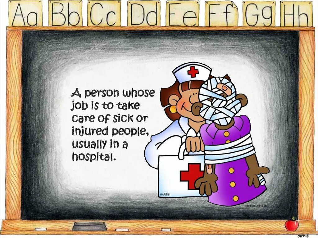 Of or about Care. Who works in a Hospital jobs. A person who help sick people or injured. Sick or ill.