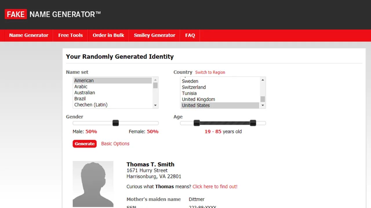 Identity generator. Generate fake name. fake names. viewer profile generator. fake data.