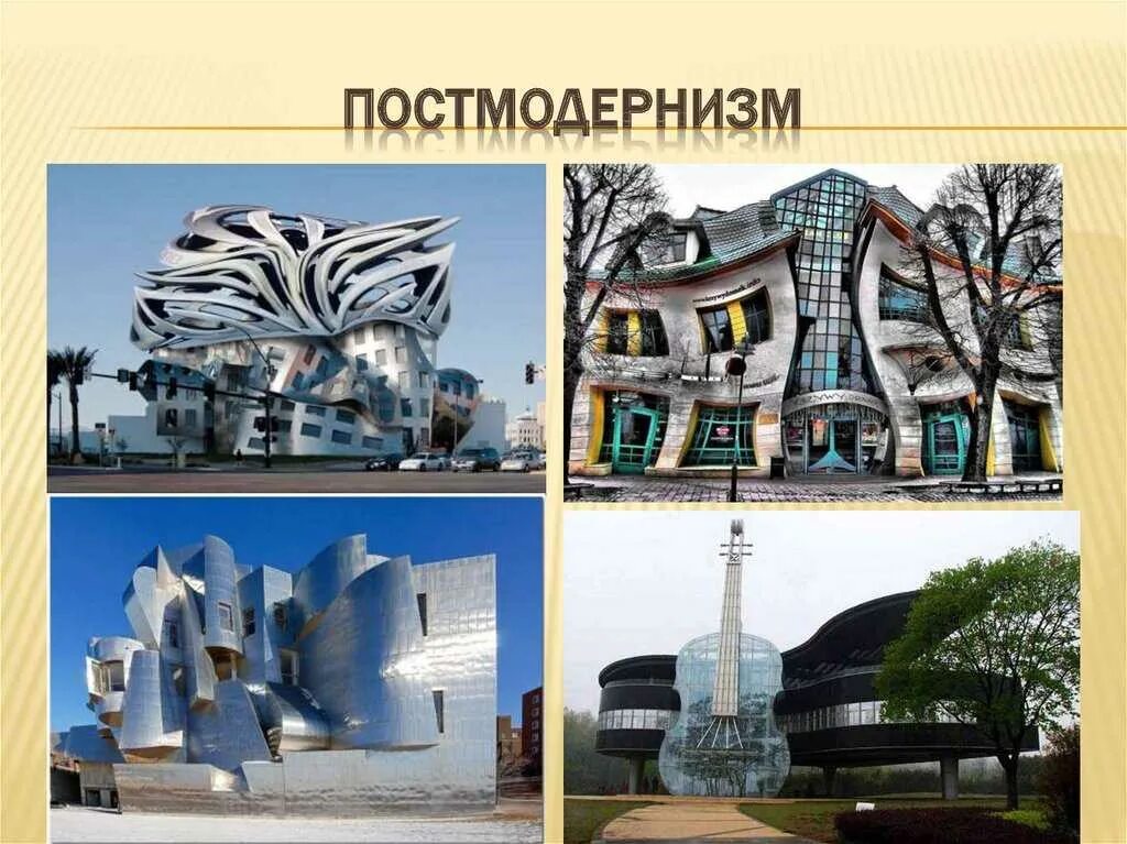 Современный стиль в архитектуре изо. Коллаж современная архитектура. Постмодернизм стиль в архитектуре презентация. Постмодернизм в архитектуре с названиями