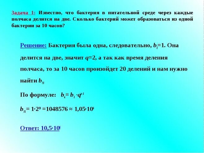 Сколько будет 6 часов и 9. Решение задач по бактерии. Задачи на тему бактерии. Количество бактерий через один час. Задачи про бактерии прогрессия.