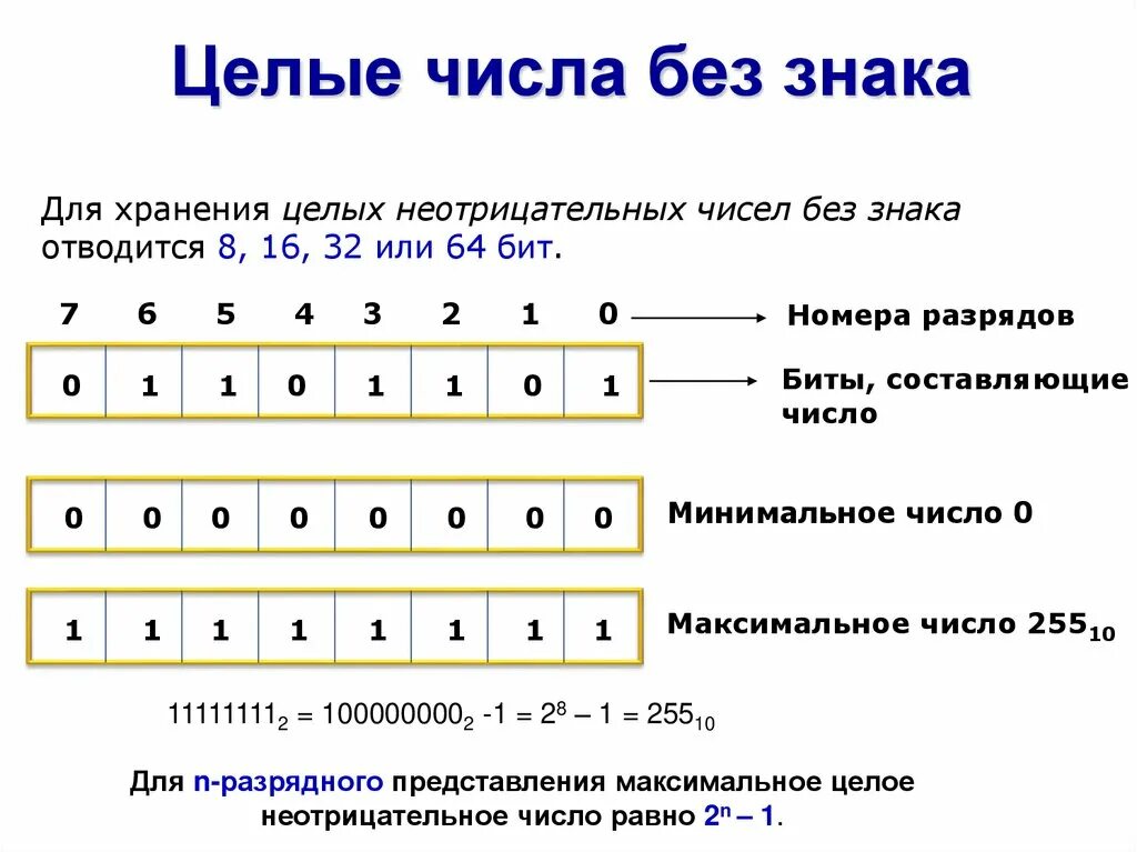 Количество битов в символе. Целые числа без знака. Представление целых чисел со знаком. Двоичные числа без знака. Двоичное представление чисел в разрядной сетке.