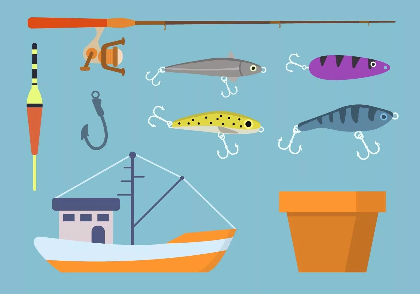 Flat рыбалка. Плоская лодка для рыбалки. Fishing elements. Flattened Fish illustration. Флэт рыбалка