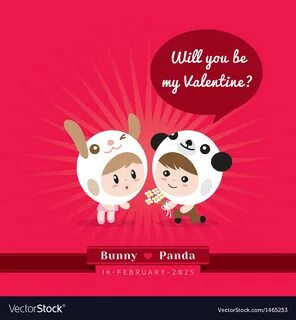 Cute kawaii couple character in rabbit and panda costume with Valentines co...