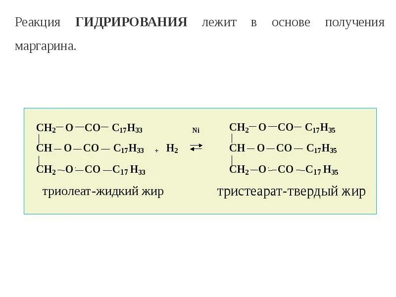 Гидрирование жиров химическая реакция. Гидрирование (гидрогенизация) жиров. Реакция получения маргарина. Реакция нитърирования. Получение растительного жира реакция