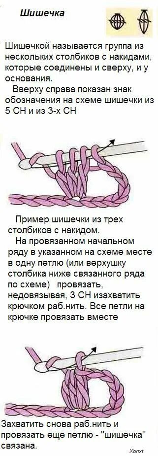 Шишечки крючком как вязать схема. Узор три столбика с накидом. Вязание крючком шишечки схема. Три столбика с накидом провязанные.