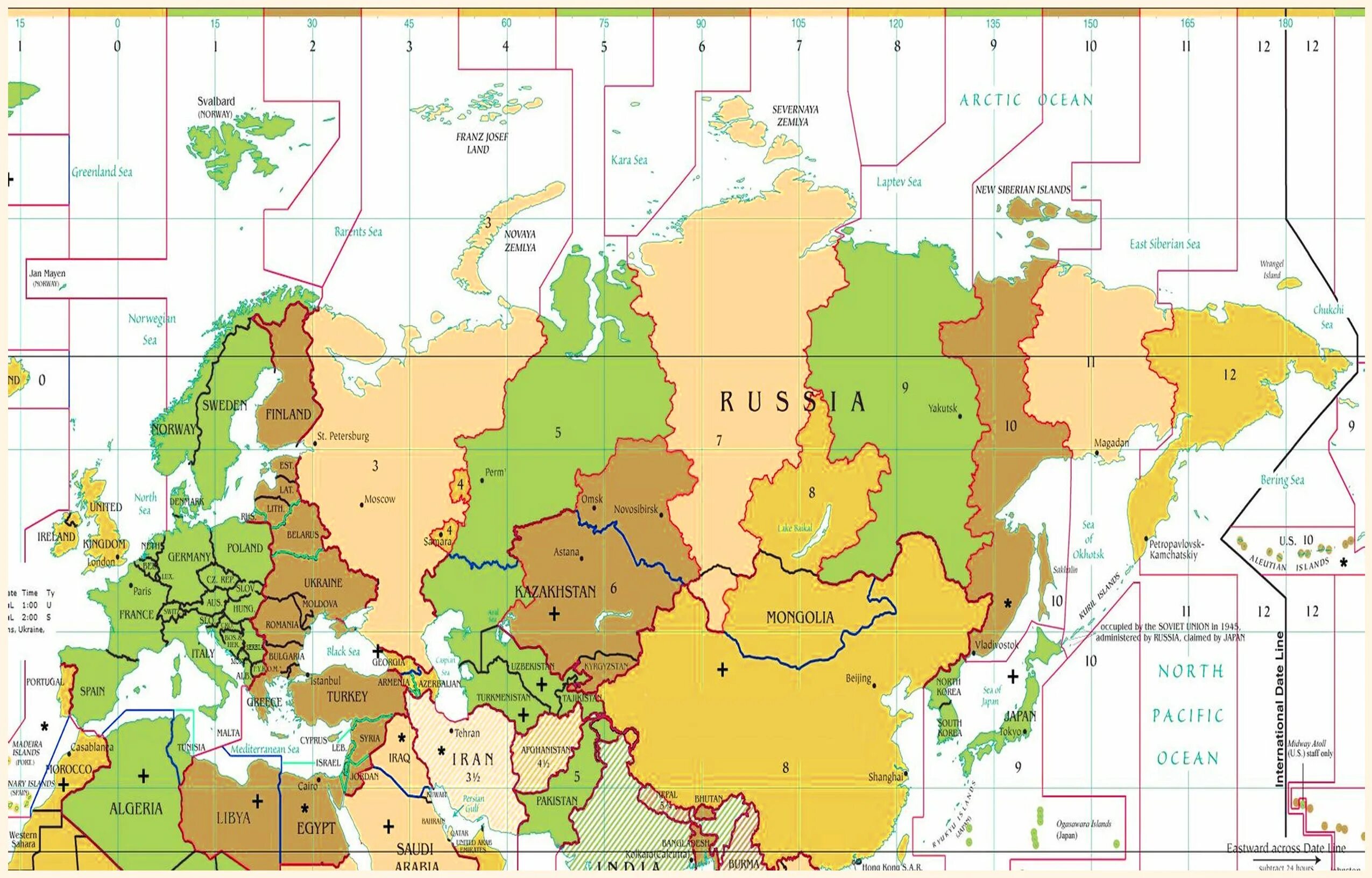 Часовые пояса в россии на карте сейчас. Часовые пояса на карте Евразии с городами. Карта часовых поясов 2023 в мире. Карта часовых поясов Евразии на русском языке. Karta chasovyh poyasov.