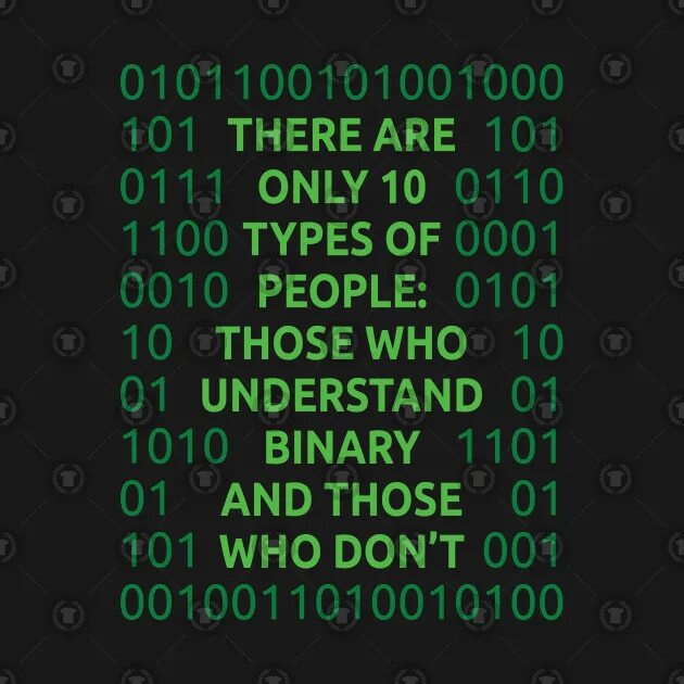 There are only 10 Types of people. There are only 10 Types of people those who understand binary. 10 Types of people binaries. There is there are people. Of people who do these