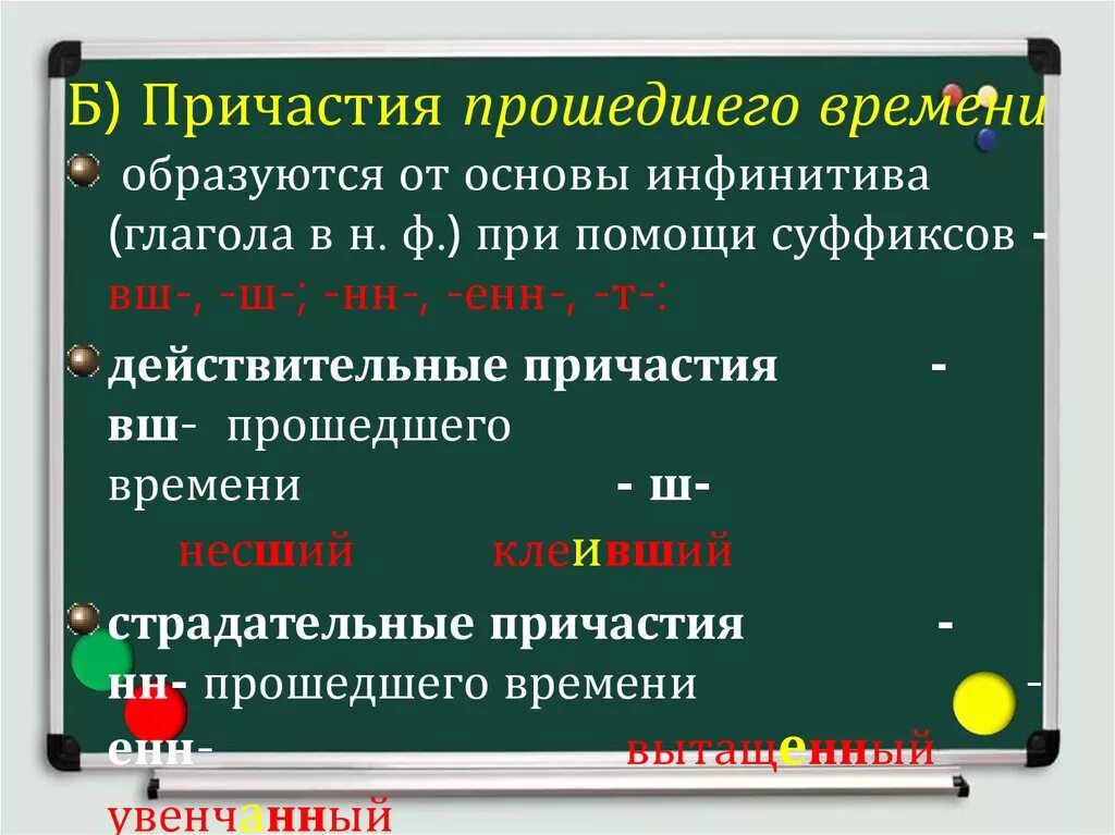 Причастия образуются от суффиксов. Причастия прошедшего времени. Окончания причастий прошедшего времени. Причастия прошеднеговремени. Причастия, образованные от основы инфинитива..