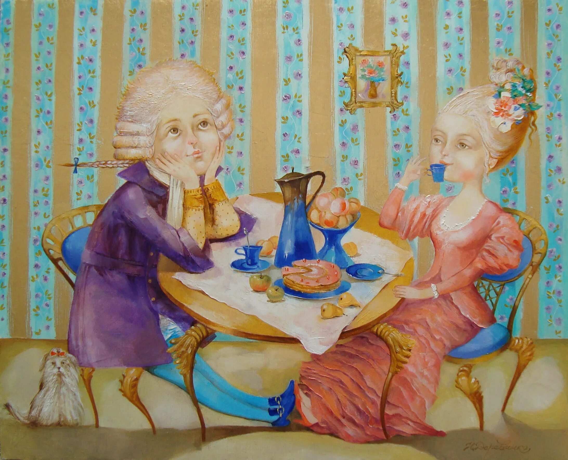 Рисунок пьем чай. Картина чаепитие. Чаепитие посиделки. Подружки за чашкой чая. Картина подруги за чаем.