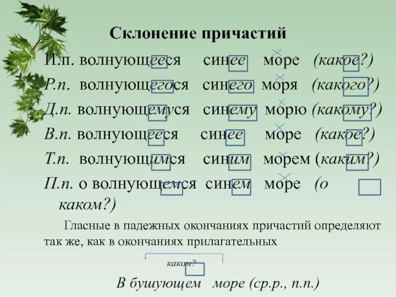 Просклонять по падежам морской берег. Синее море просклонять по падежам. Склонение причастий. Море склонение. Окончание причастий 7 класс.