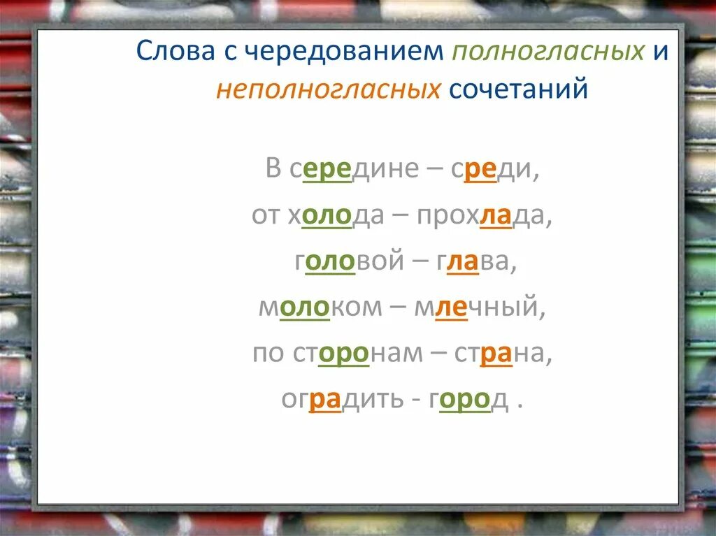 Подобрать слова с полногласными