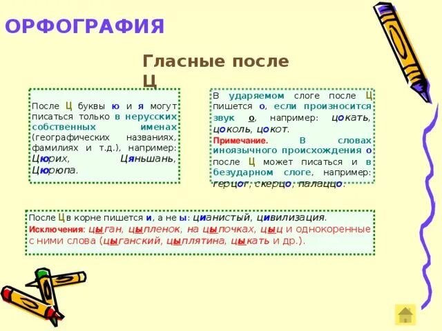 Правило написания гласных после ц. Правописание гласной после ц правило. Употребление гласных после ц схема. Правописание гласных после буквы ц. Слова с я после гласной