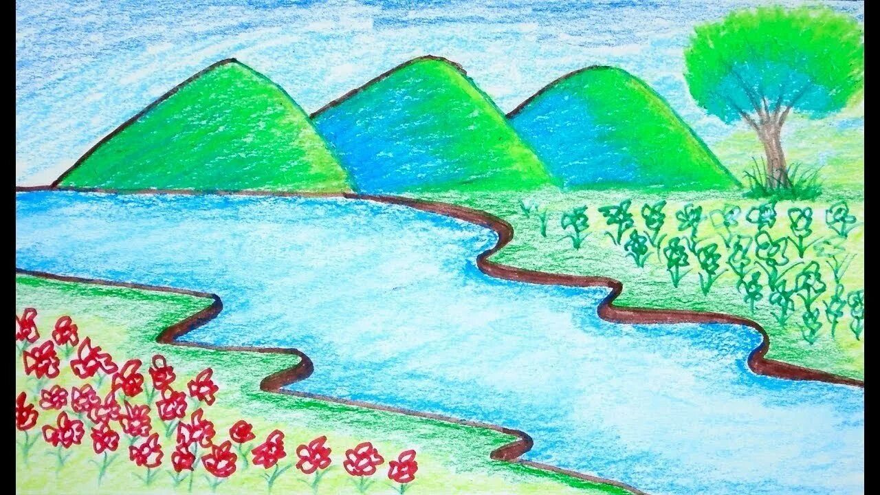 Путь реки пейзаж 6 класс. Рисование реки. Пейзаж легкий. Река рисунок. Пейзаж рисунок для детей.