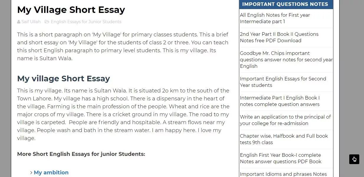 Short essay. Short essays in English. My Village essay. Narrative essays.