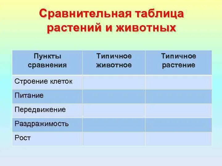 Таблица сравнения растений. Сравнение растений и животных таблица. Пункты сравнения типичное животное типичное растение. Раздражимость у растений и животных таблица. Растения животные таблица сравнения