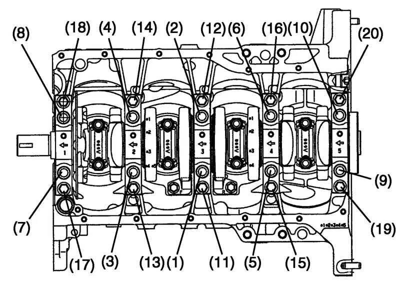Момент затяжки вкладышей ваз. Болты коренных подшипников коленчатого вала Ауди q5. Момент затяжки коренных подшипников на b20b. Чертеж головки блока цилиндров ВАЗ 2112. Схема затяжки коленвала ВАЗ.