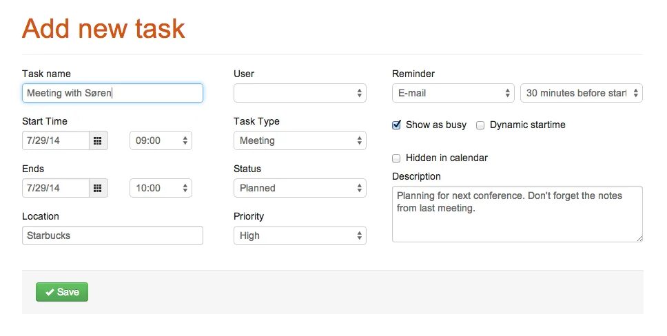 Create new task. Crm github. task ui form massage.