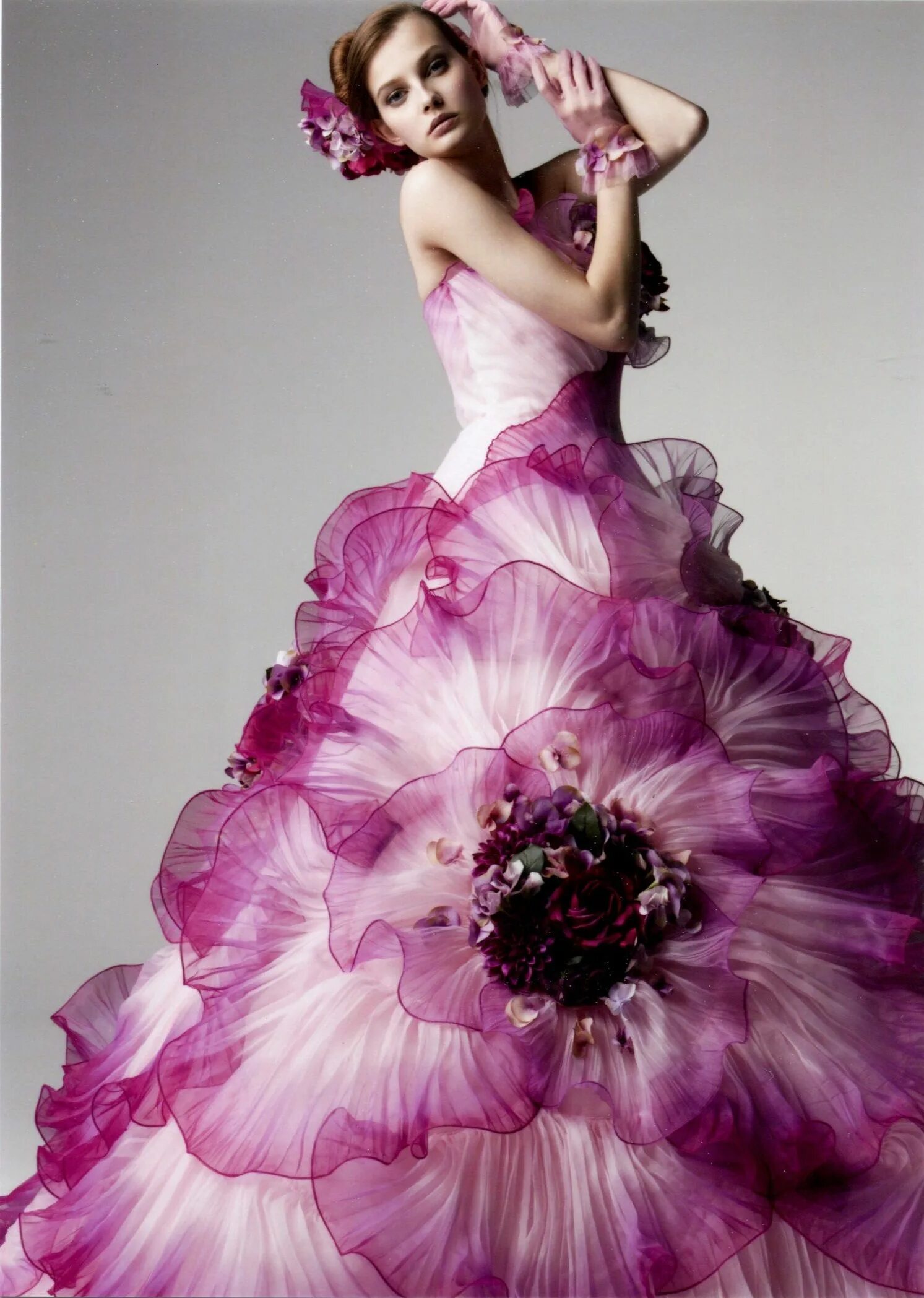 A floral dress made of Hydrangea green en blue metallic from amongst others Hydr