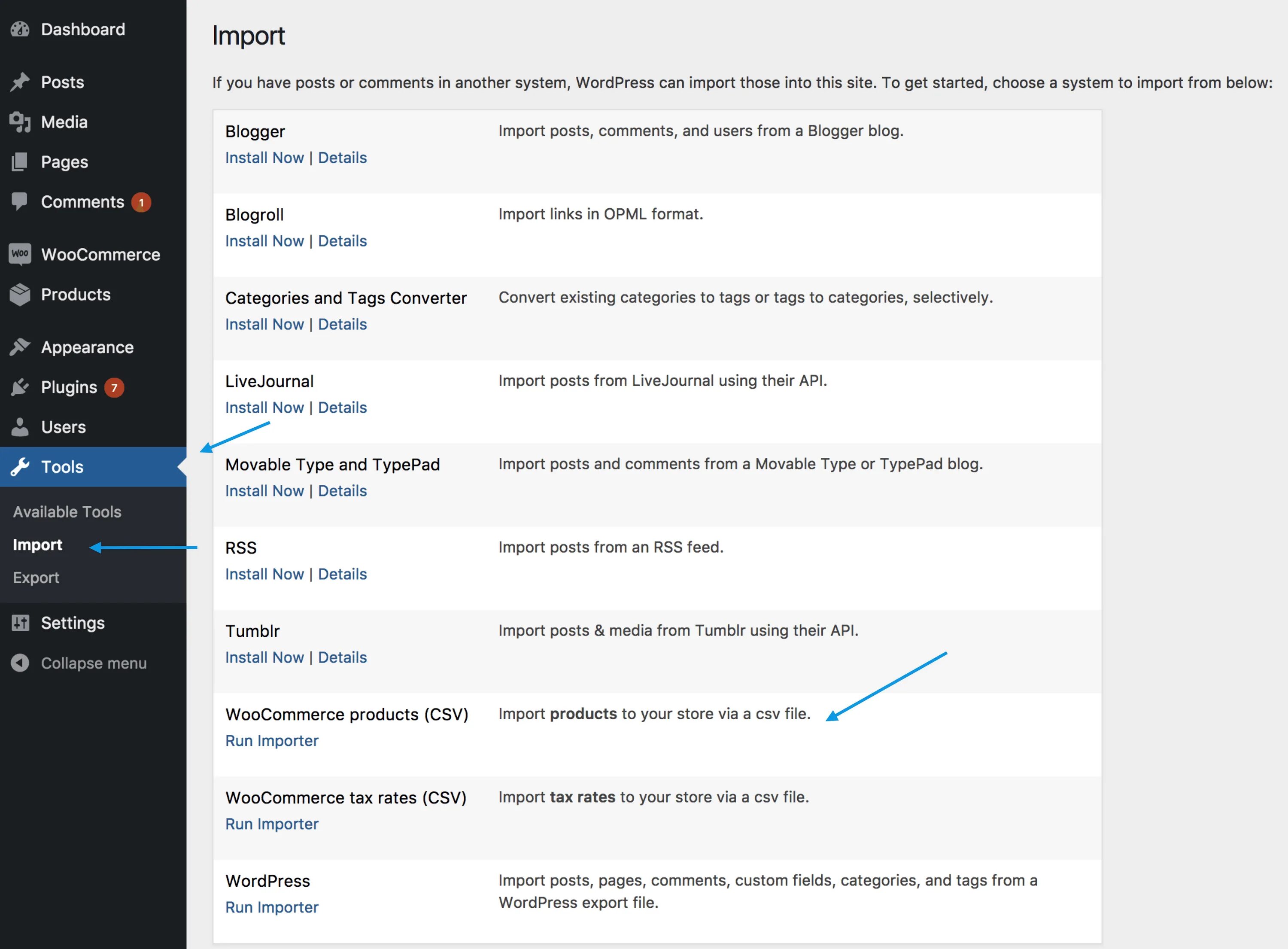 WOOCOMMERCE CSV Import and Export. Импорт товаров WOOCOMMERCE CSV. WOOCOMMERCE плагин. Product categories. Import tools