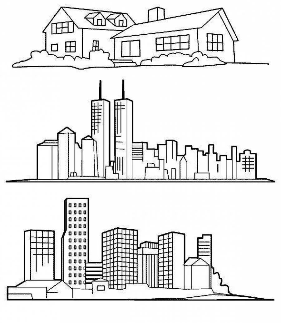 Город векторная иллюстрация. Силуэт города. Контур здания. Город схематично. Контур города.