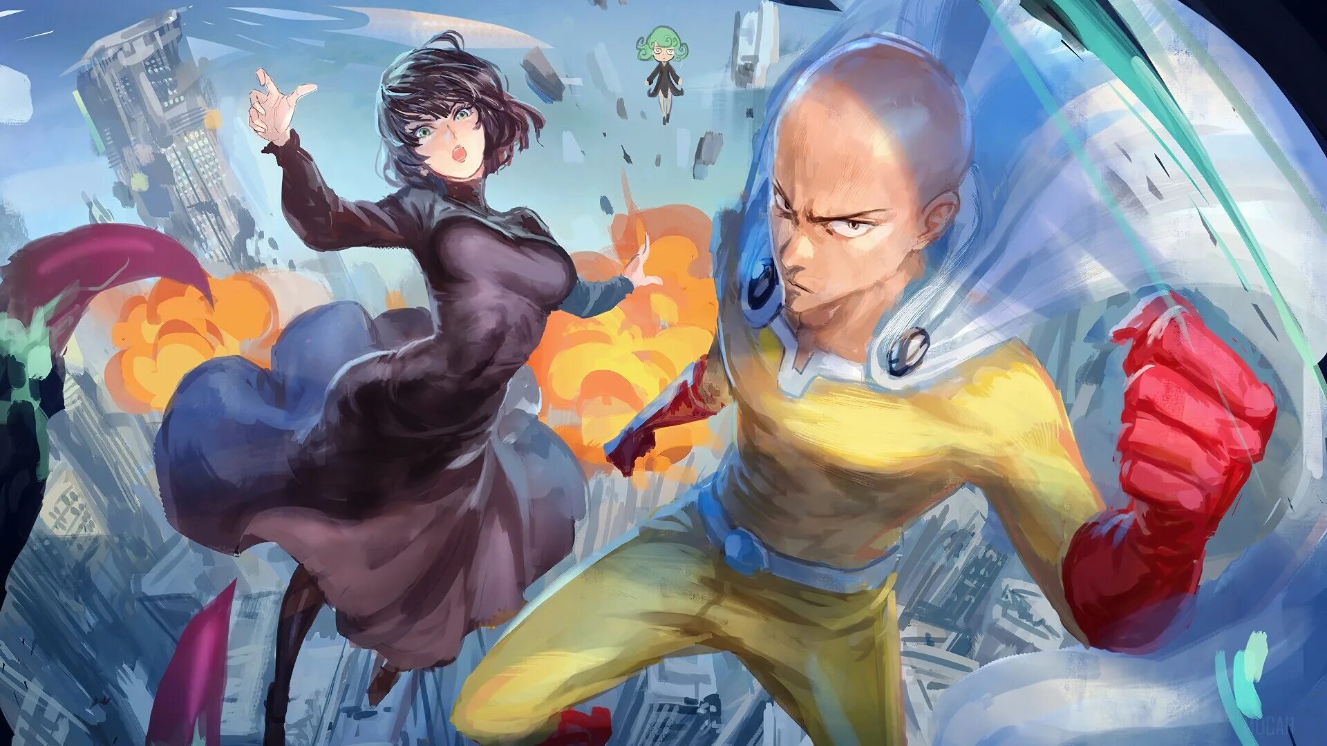 Сайтама, Фубуки, Генос и Кинг. Сайтама onepunchman. One Punch man Сайтама и тацумаки.