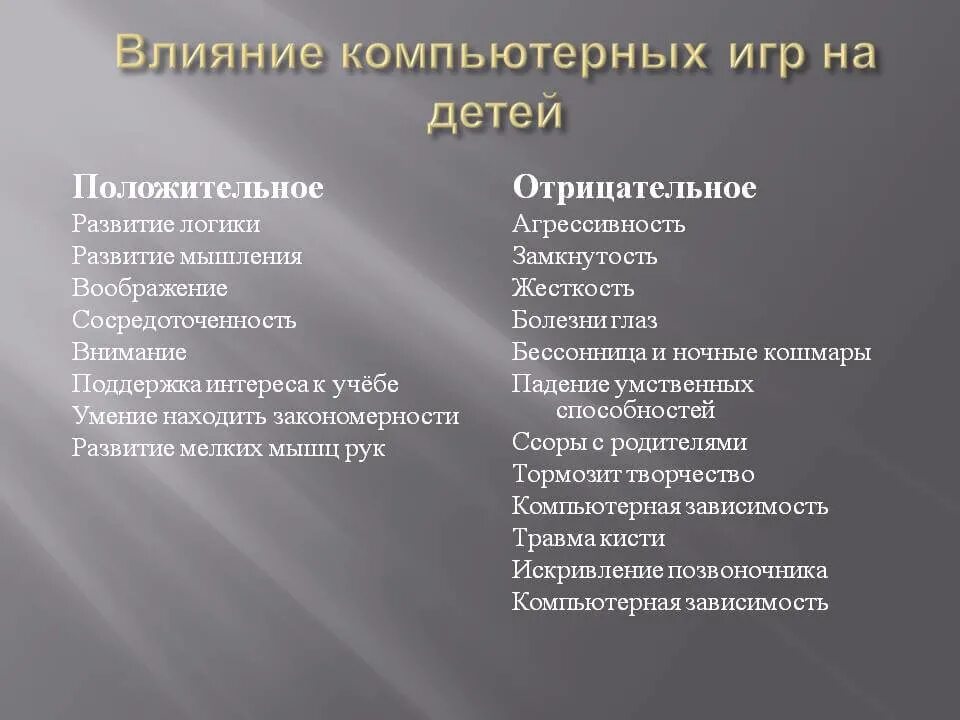 Отрицательные действия. Положительное и отрицательное влияние компьютерных игр. Положительное влияние компьютерных игр на человека. Отрицательное влияние компьютерных игр на детей. Положительные и отрицательные стороны компьютерных игр.