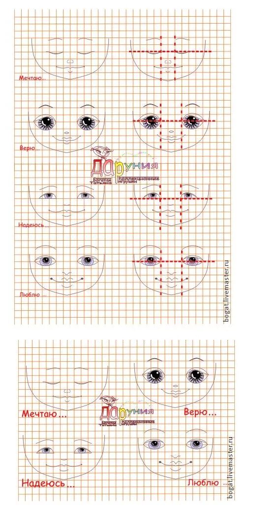 Схема связанных лиц. Схема рисования лица куклы текстильной. Рисование лица кукле. Роспись кукольного лица. Рисование глаз куклам.