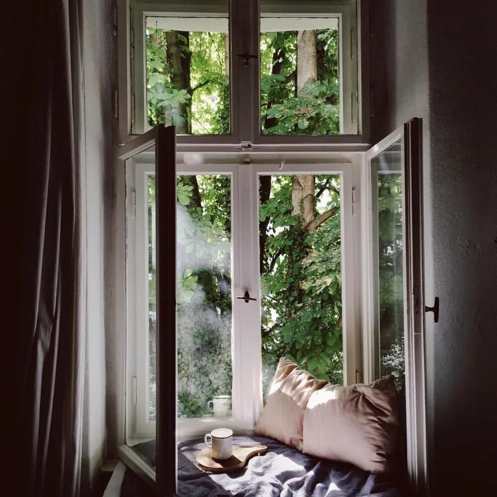 Открытое окно. Окно с видом на природу. Уютный вид из окна. У окна.