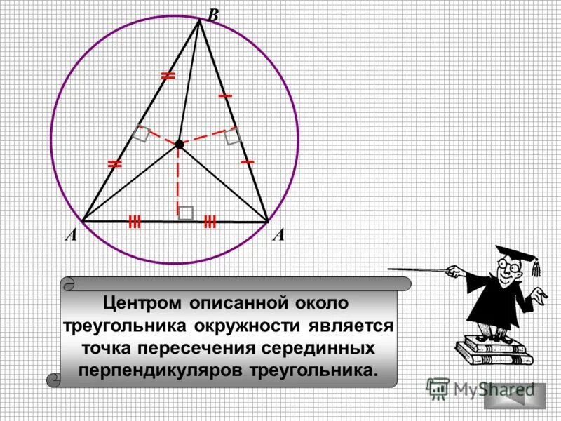 Что является центром описанной около. Центр описанной около треугольника окружности это точка пересечения. центр описанной окружности треугольника. центр окружности впписанной около треугольника. центр описанной около тр окружности.