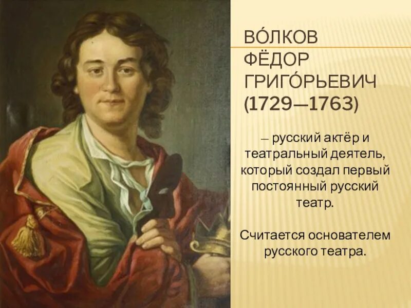 Основателем русского театра считается. Фёдор Григорьевич Волков. Фёдор Григорьевич Волков театр.