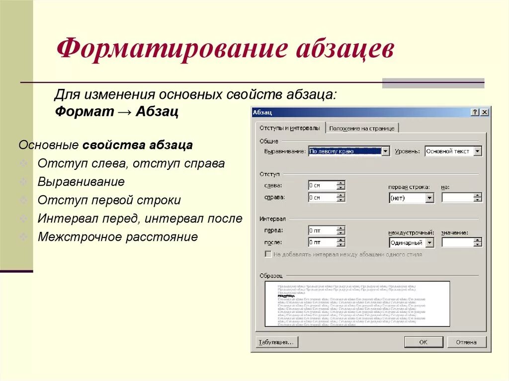 Различают два типа форматирования текста. Форматирование символов и абзацев. Абзац форматирование абзаца. Основные способы форматирования абзацев. Параметры форматирования абзаца.