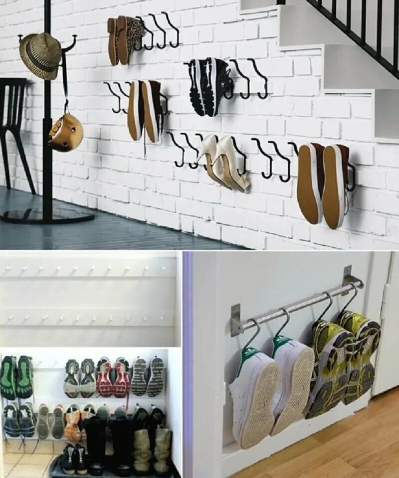 Место хранения редких предметов. Идеи для хранения. Приспособления для хранения обуви. Обувь на стене. Компактное хранение обуви.