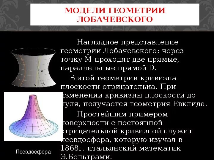 Гиперболическая модель геометрии Лобачевского. Модель Лобачевского псевдосфера. Лобачевский неевклидова геометрия коротко.