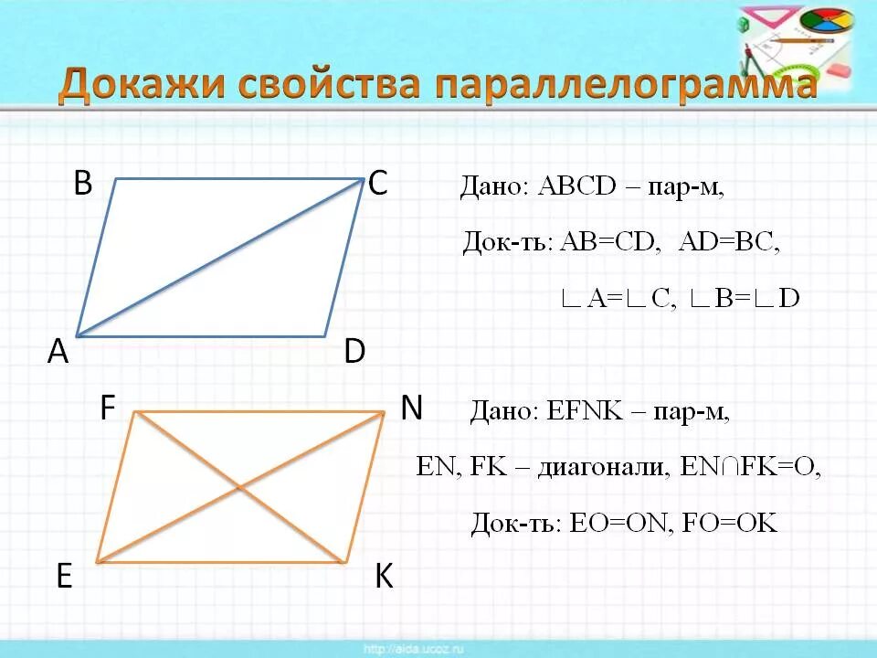 Диагональ прямоугольного параллелограмма равна. Диагонали параллелограмма. свойства параллелограмма. свойства диагоналей параллелограмма. диагонали параллелограмма равны.