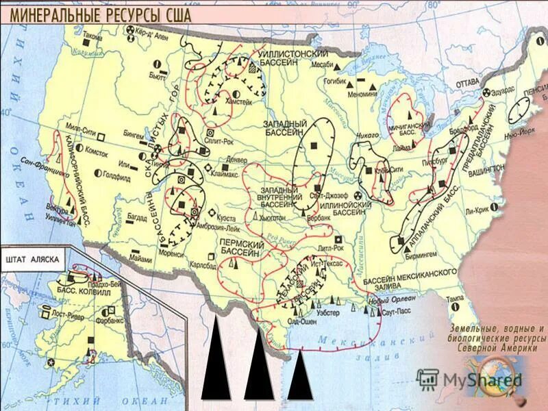 Полезные ископаемые материка северная америка. Минеральные ресурсы США карта. Крупнейшие бассейны и месторождения полезных ископаемых в США карта. Полезные ископаемые США на карте. Крупнейшие месторождения полезных ископаемых в США на карте.