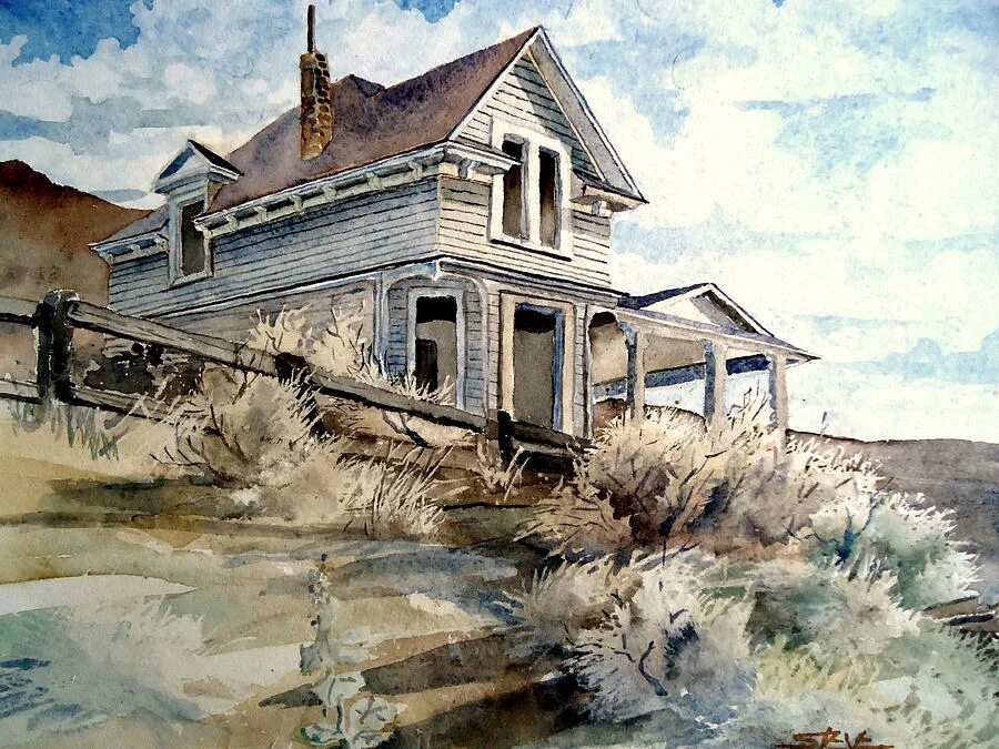 Abandoned House Painting. An old House Painting. Abandoned House Art Painting. Black old House Art Paintings.