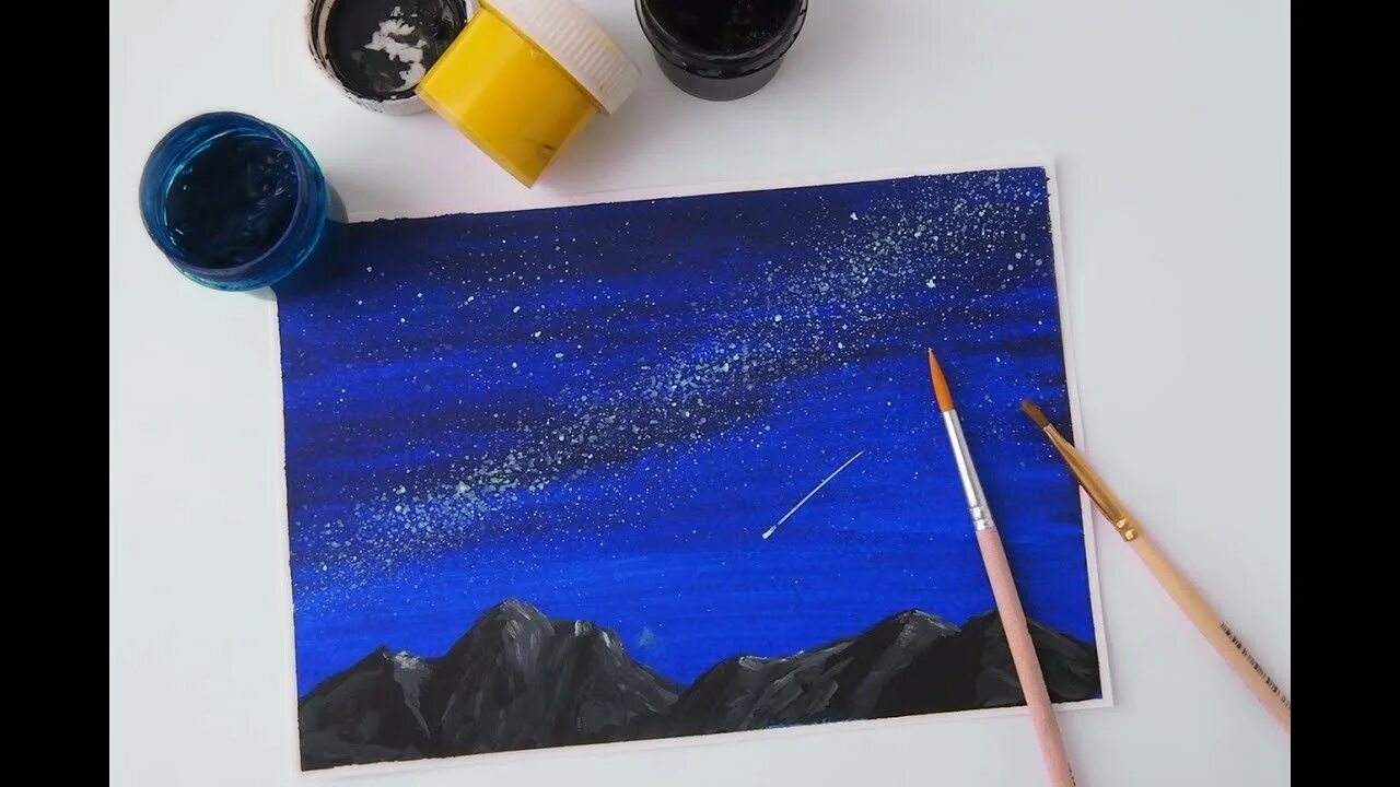 Звездное небо гуашью. Звездное небо гуашью для начинающих. ночное небо гуашью для начинающих. рисуем звездное небо гуашью.