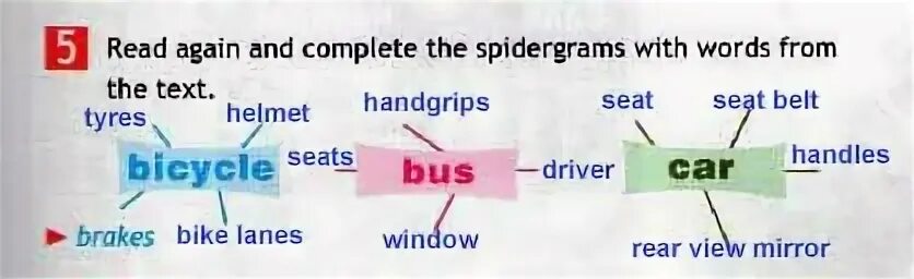 Read again and complete the spidergrams with the Words from the text. Read again and complete the spidergrams with the Words from the text Bicycle Bus car. Complete the spidergrams. Complete the spidergram 6 класс. Spotlight 6 teacher