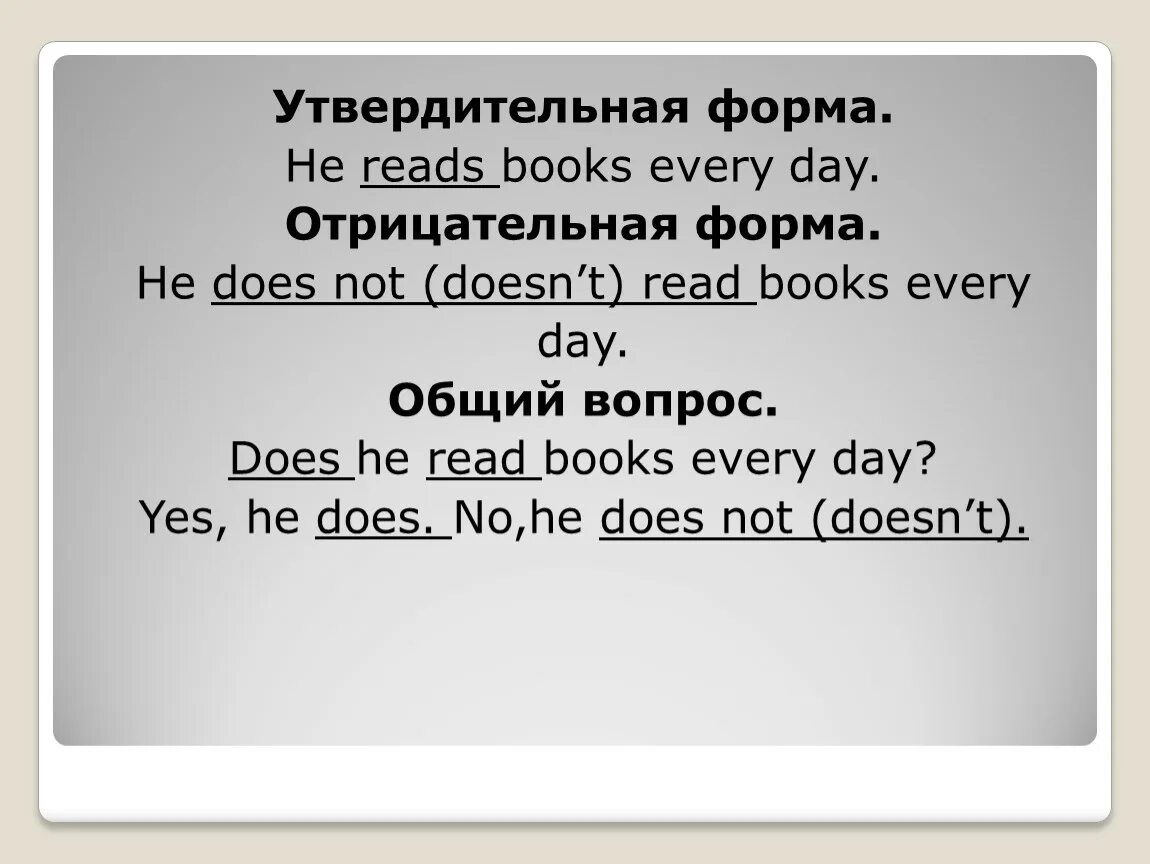 Read в утвердительной форме. He reads books every Day. He read/reads books every Day выбери правильный. He reads books every Day правило. I read books every day